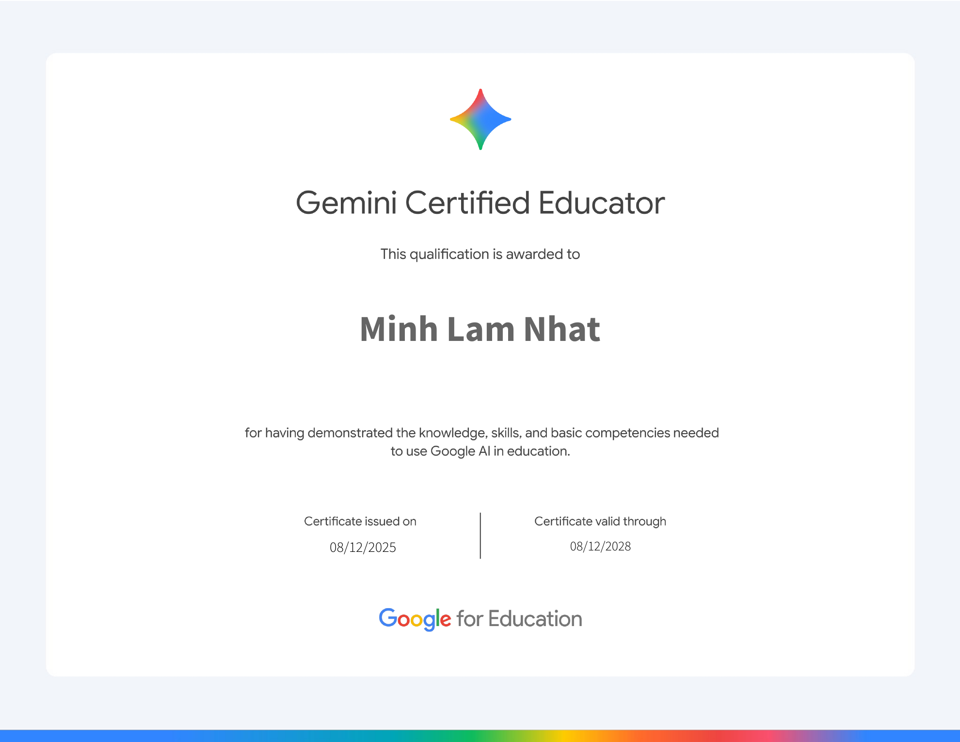 Chứng nhận Gemini Certified Educator của Lâm Nhật Minh