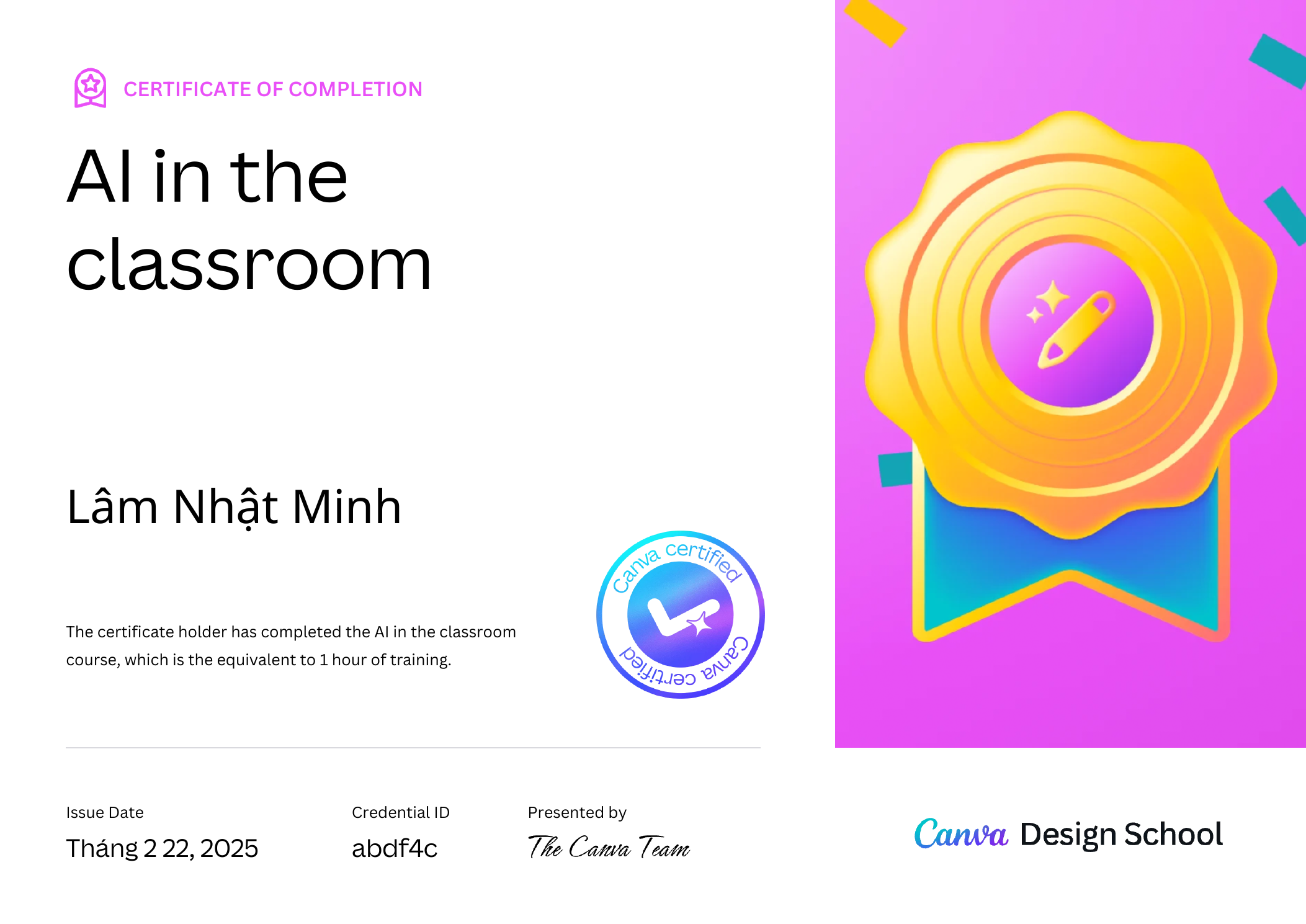 Chứng nhận AI in the Classroom của Lâm Nhật Minh