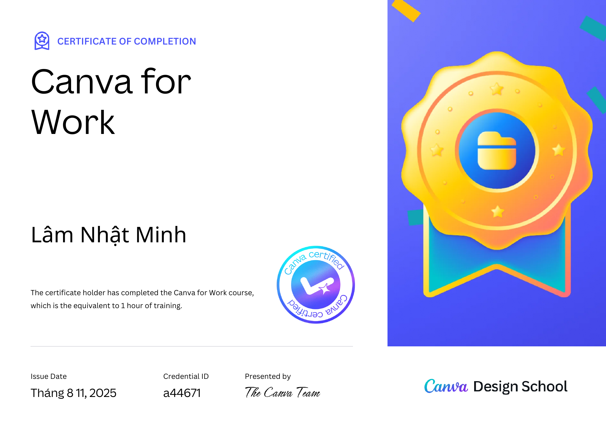 Chứng nhận Canva for Work của Lâm Nhật Minh